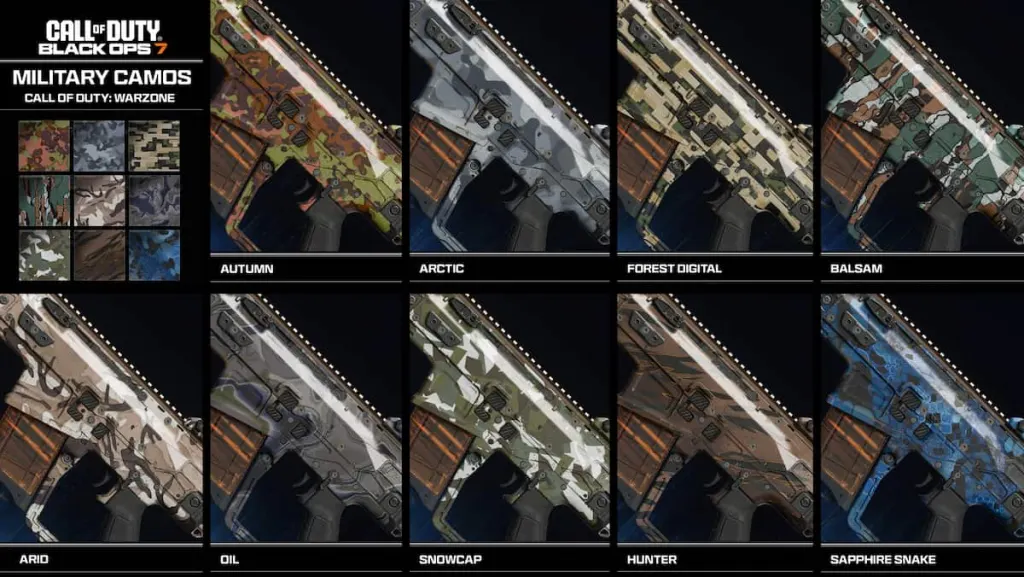Camuflagens militares da zona de guerra BO7