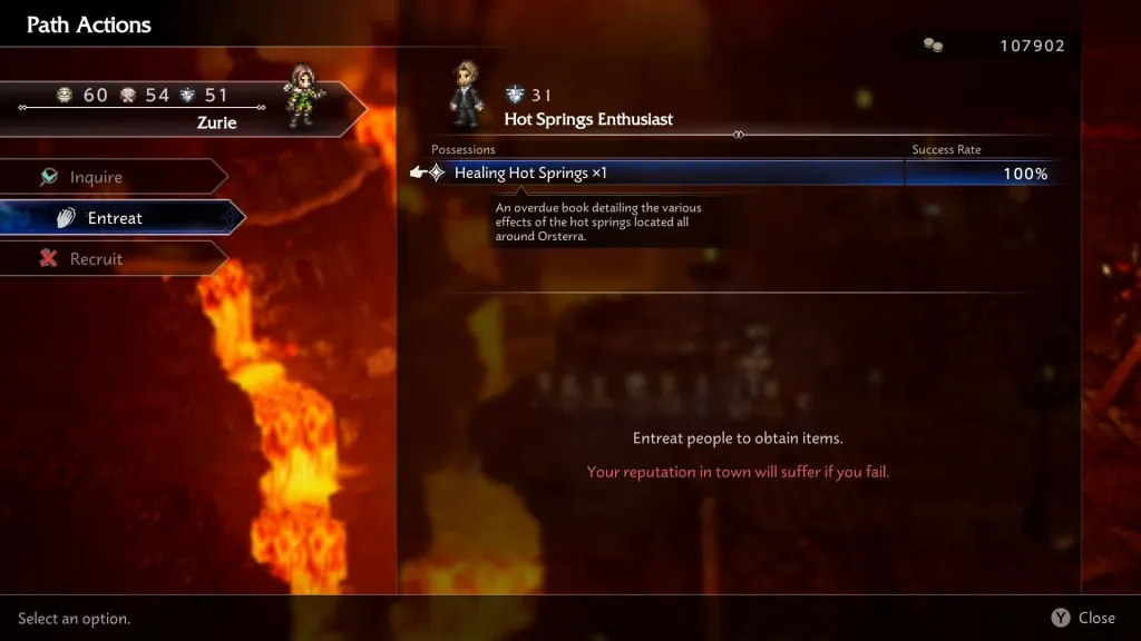 Entusiasta de Hot Springs, um homem vestindo terno e seu inventário em Octopath Traveller 0.