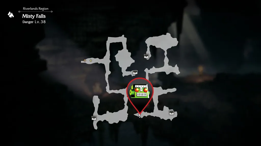 Um mapa com um alfinete do logotipo Destructoid mostrando onde os jogadores precisam ir para encontrar o livro Adrift in the Vast River.