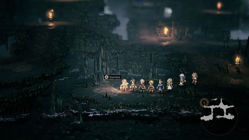 Uma captura de tela mostrando o grupo no Octopath Traveler 0 em frente a uma mancha azul brilhante no chão.