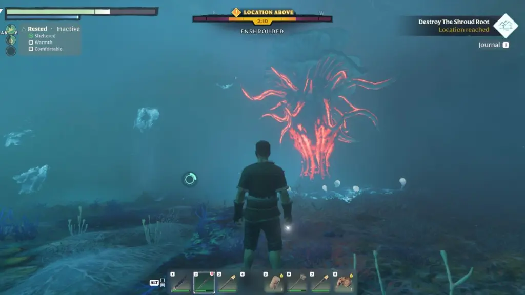 O personagem principal de Enshrouded olhando para The Shroud Root.
