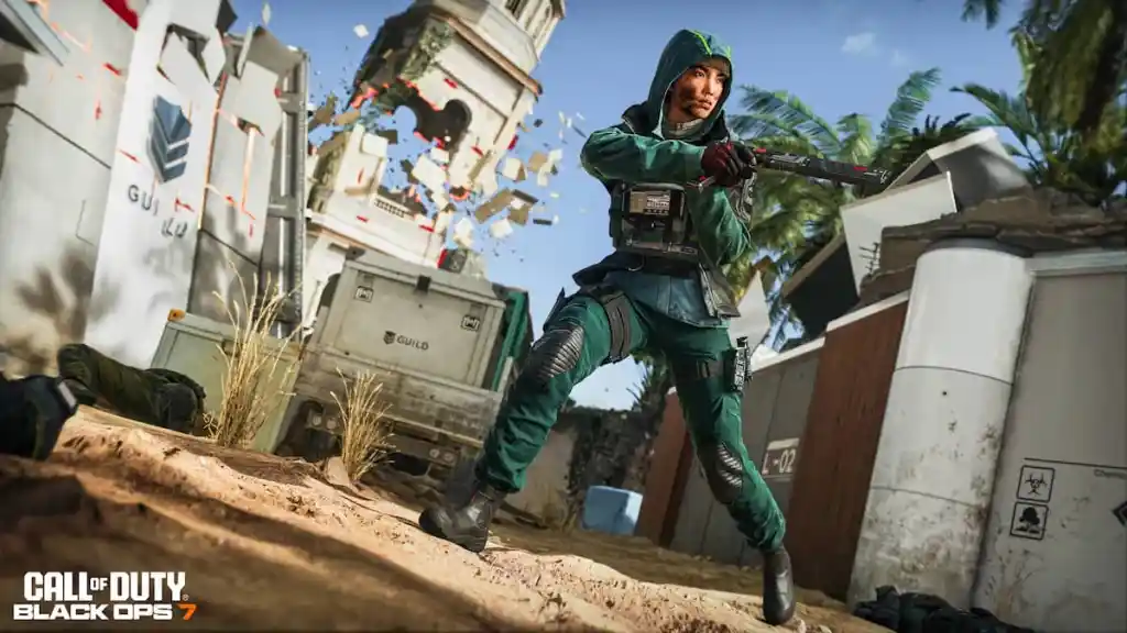 Operador BO7 de verde segurando uma pistola