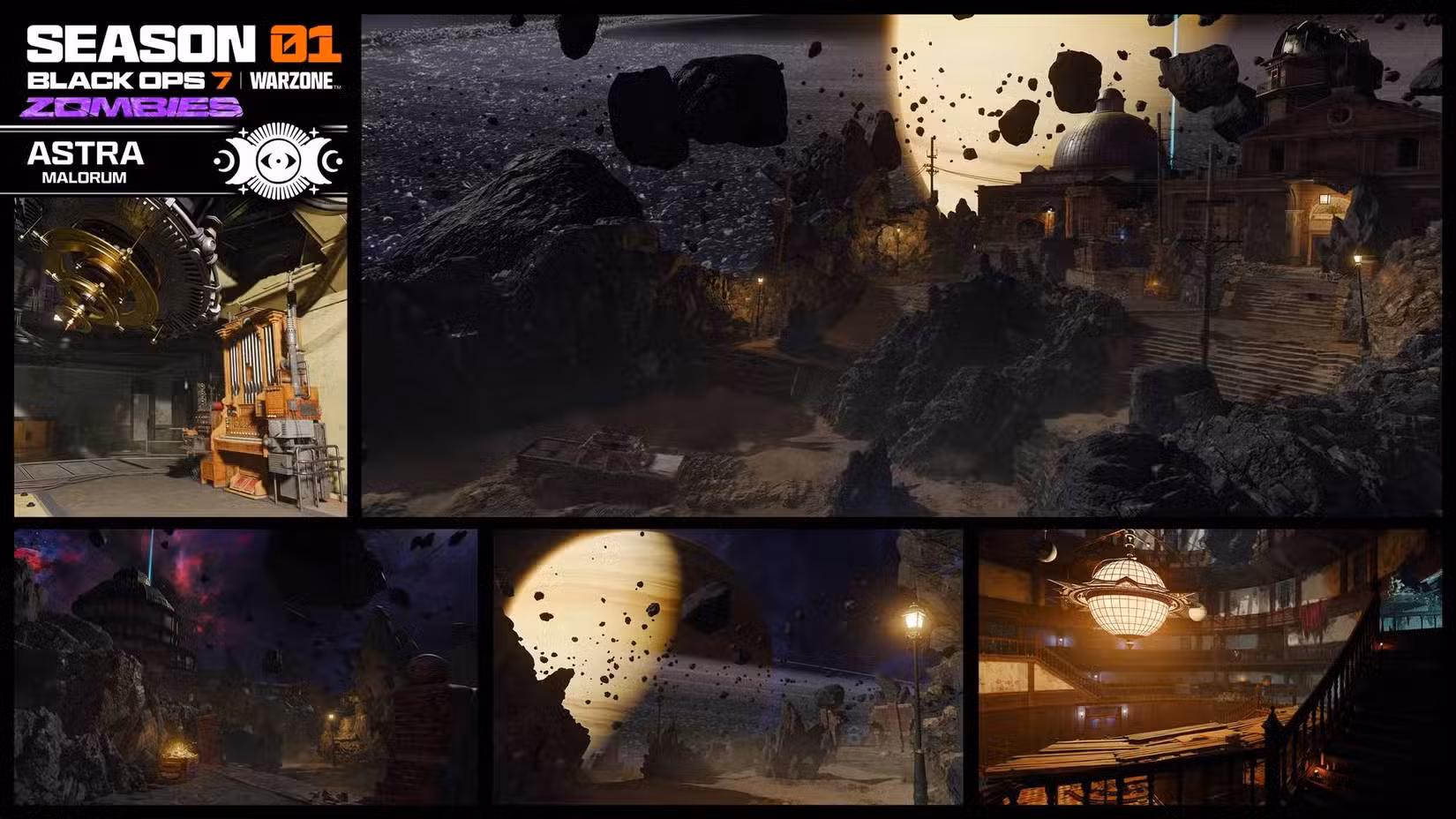 Uma grade de imagens de Astra Malorum, o novo mapa de Zumbis em Black Ops 7.