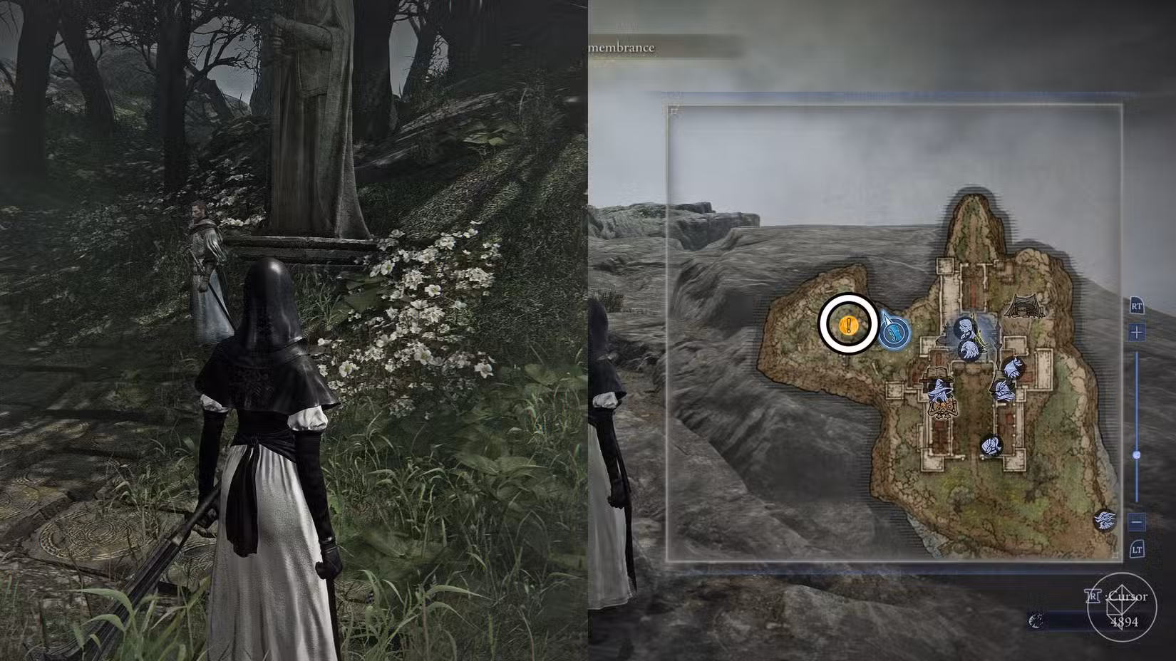 Uma montagem usando duas capturas de tela de Elden Ring Nightreign mostrando onde você pode encontrar o Scholar na lembrança do Undertaker, capítulo 3