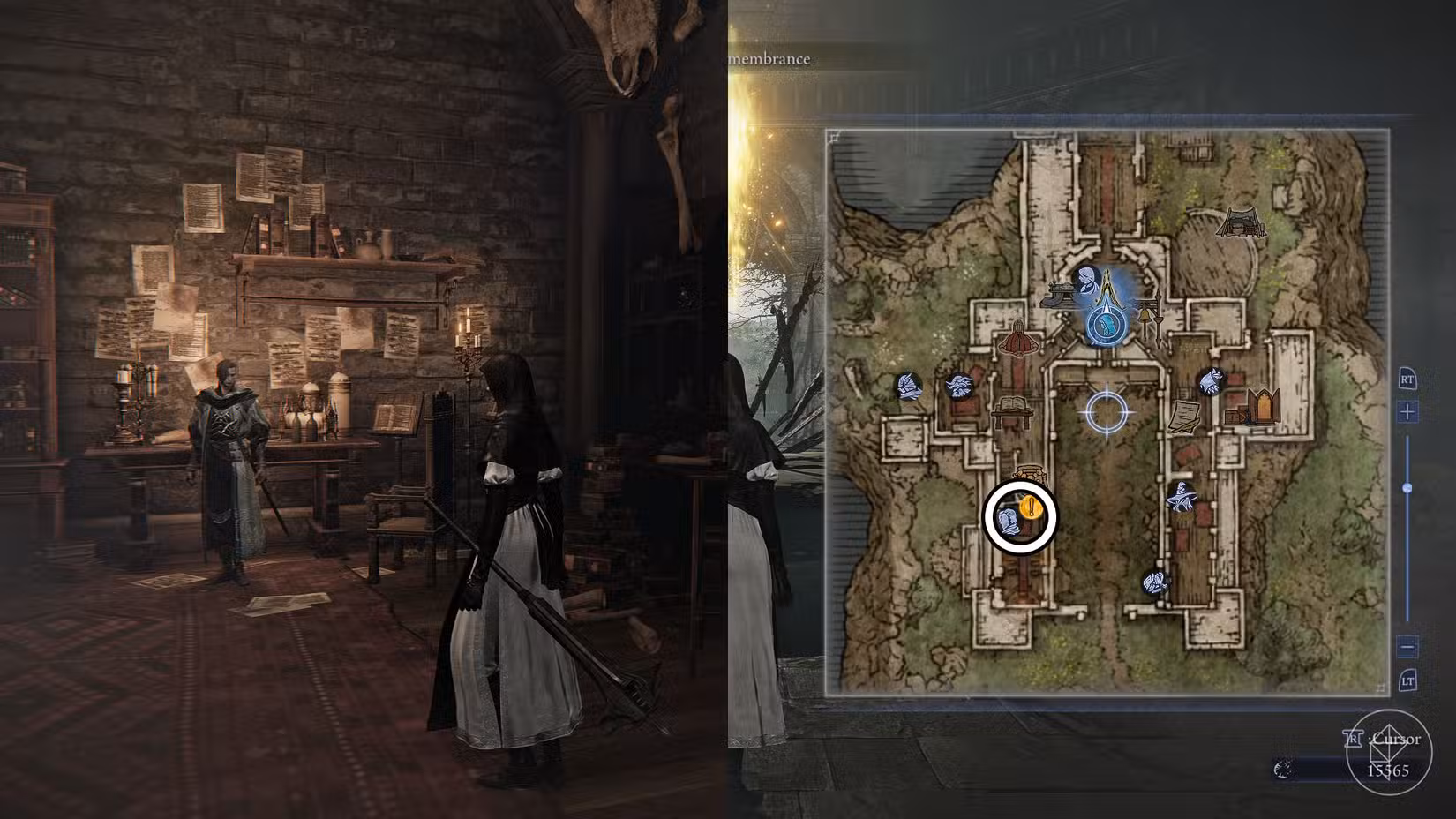 Uma montagem usando duas capturas de tela de Elden Ring Nightreign mostrando a localização do Scholar depois de encontrá-los durante a expedição na lembrança do Undertaker, capítulo 5