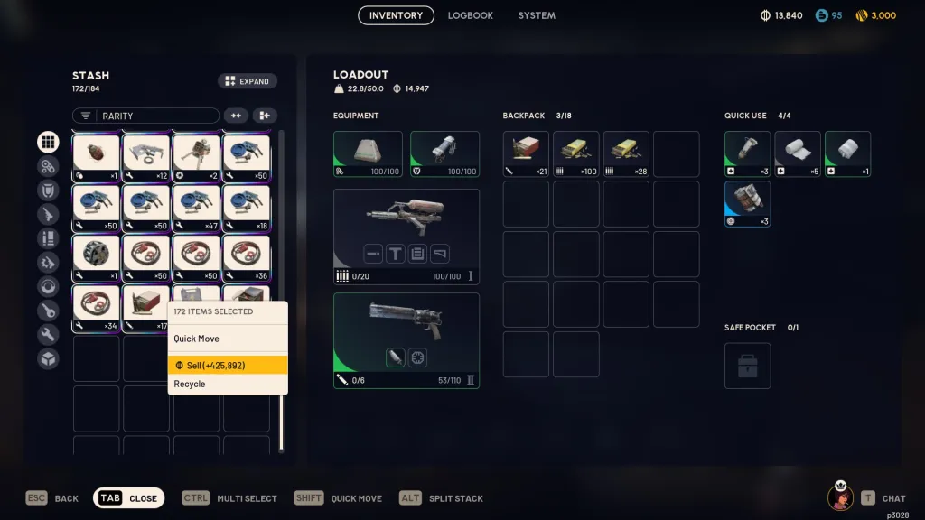 Estoque e inventário em ARC Raiders. 