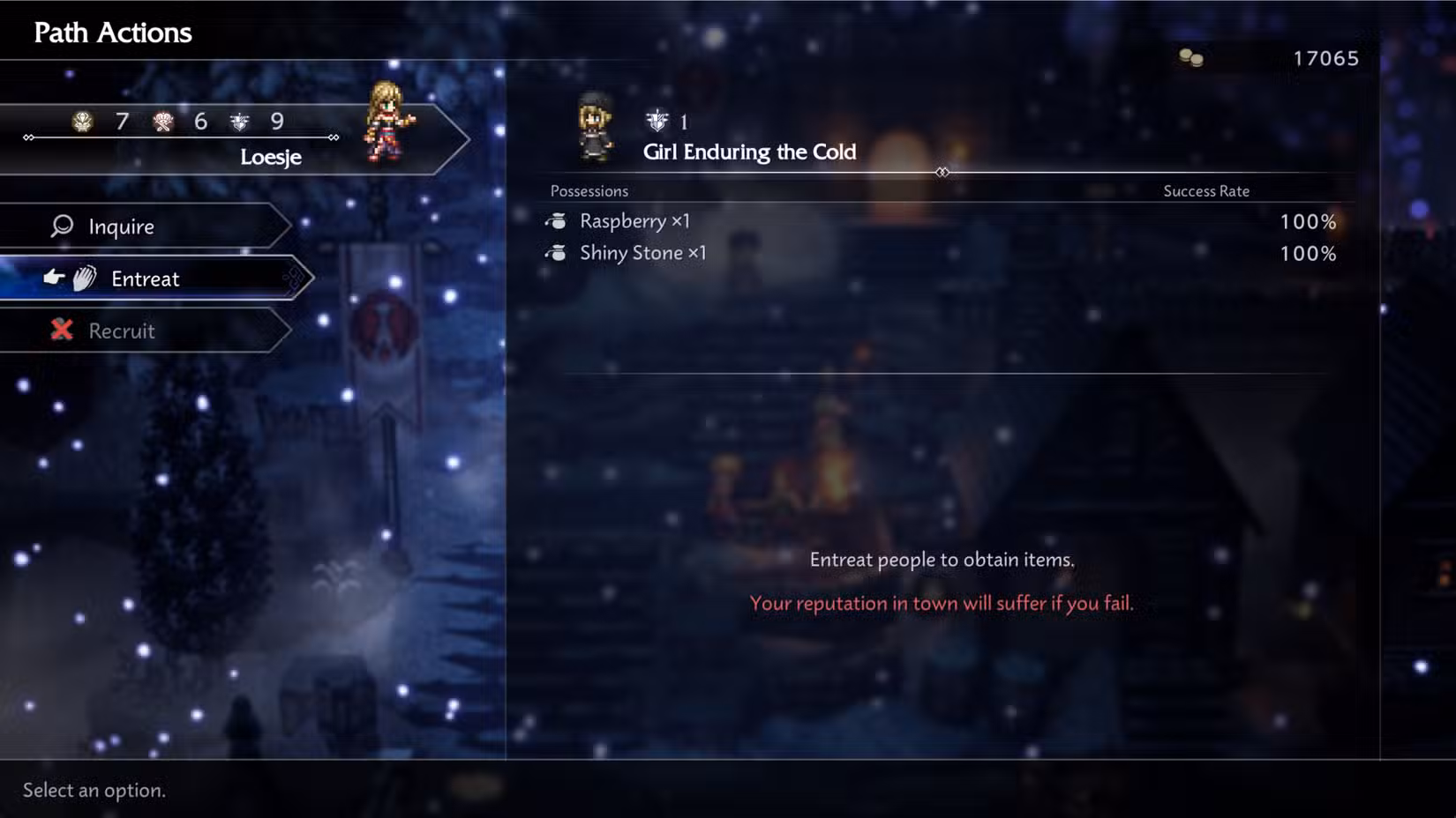Um jogador usa a influência da fama para obter uma framboesa de uma garota em Octopath Traveler 0.