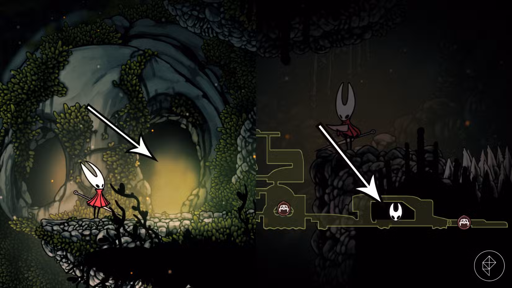 Uma área secreta com uma porta de caveira na região de Far Fields em Hollow Knight: Silksong.