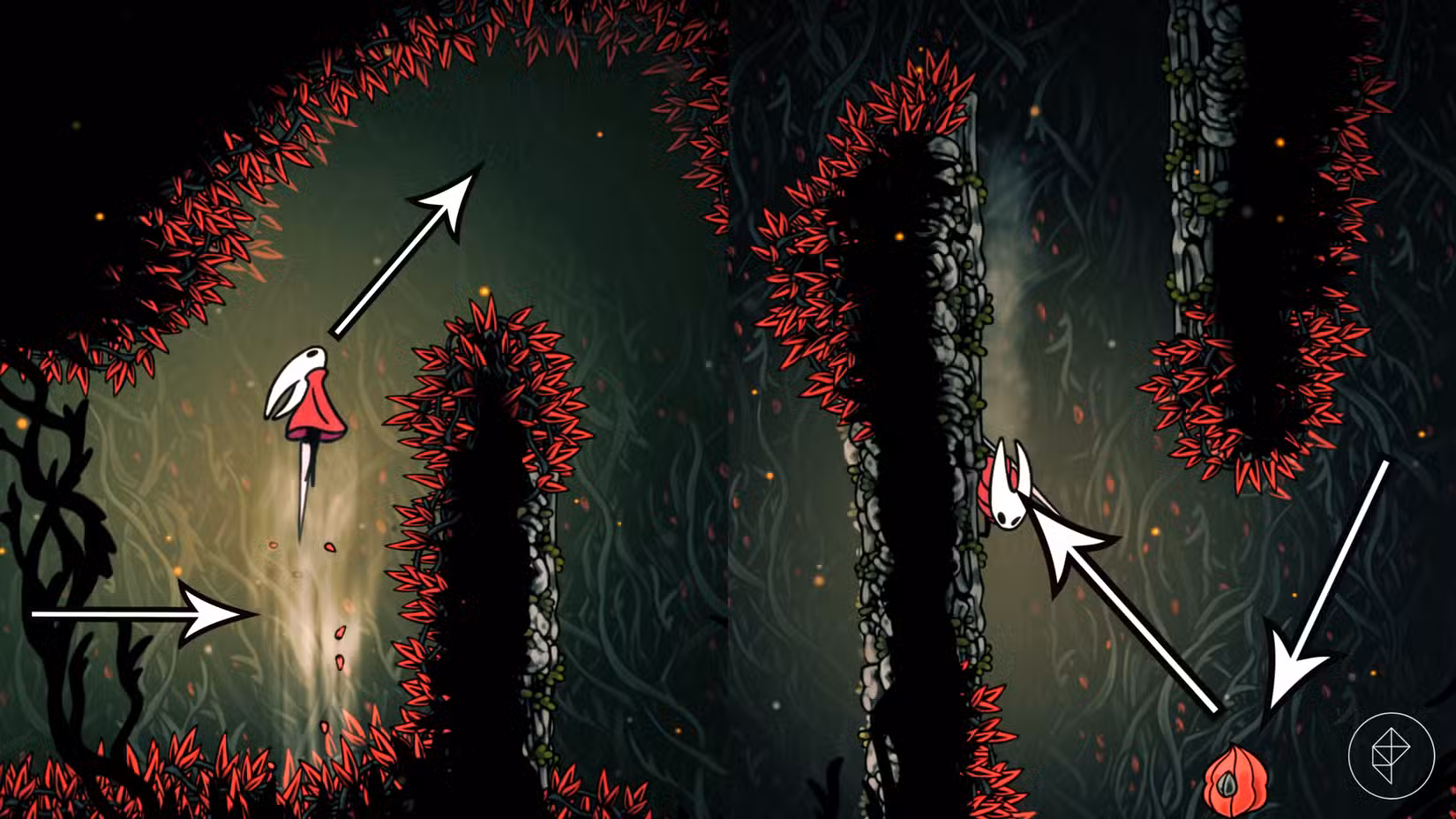 O perigoso caminho do parkour cheio de espinhos vermelhos em Hollow Knight: Silksong.