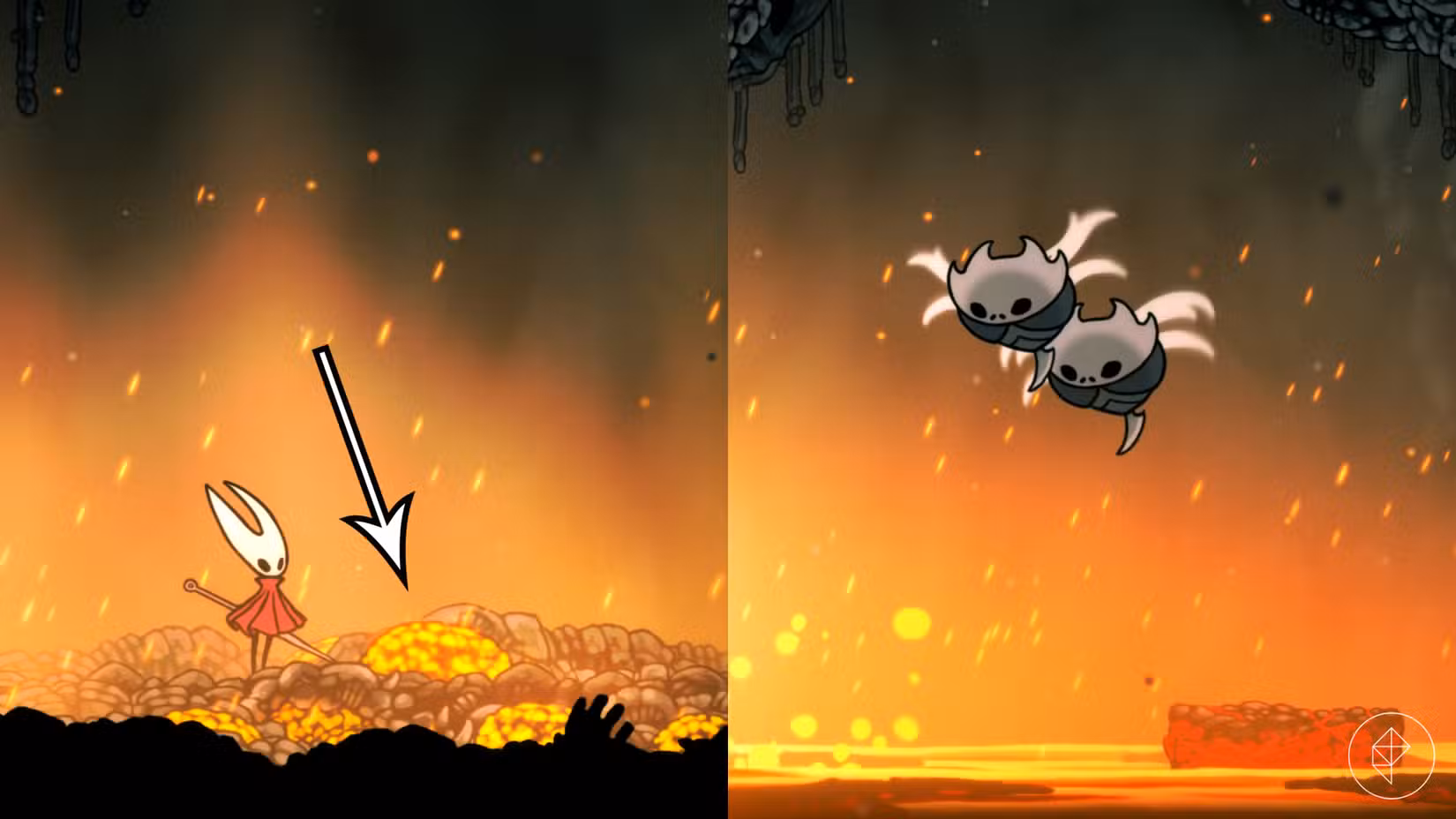 Um jogador ativa a armadilha de lava na região Far Fields em Hollow Knight: Silksong.