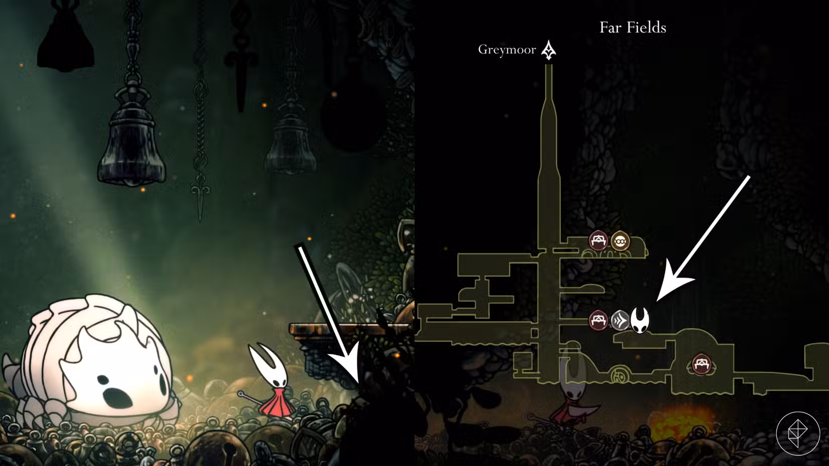 A entrada para uma área secreta em Far Fields em Hollow Knight: Silksong.