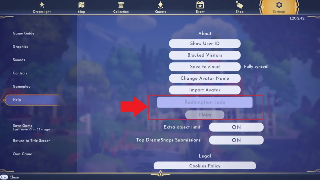 opção de resgate de código no Disney Dreamlight Valley