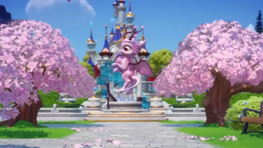 Dragão flor de Sakura voando no vale do Dreamlight da Disney