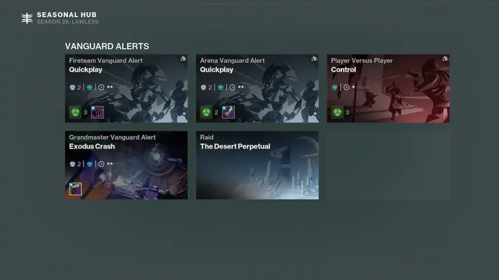 A tela Vanguard Alerts em Destiny 2, mostrando cinco atividades diferentes e uma folha em branco