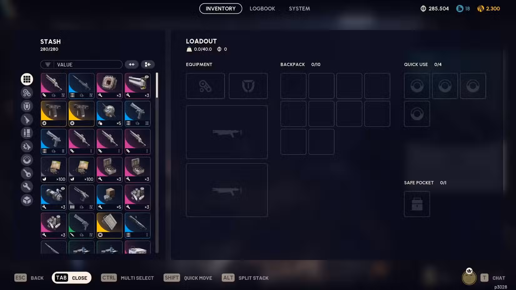 O estoque de um jogador em Arc Raiders, mostrando uma série de itens épicos e lendários.