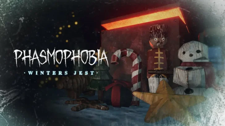 Um boneco de neve, um doce e um quebra-nozes ao lado do título do evento de brincadeira de inverno e do logotipo da fasmofobia