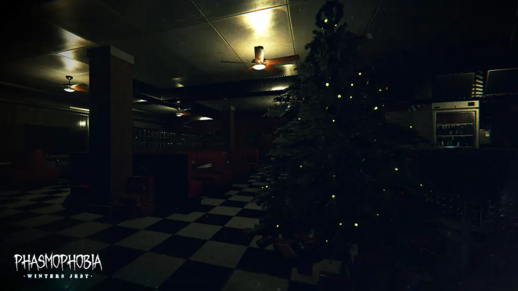 Uma árvore de férias no restaurante nell's em phasmophobia