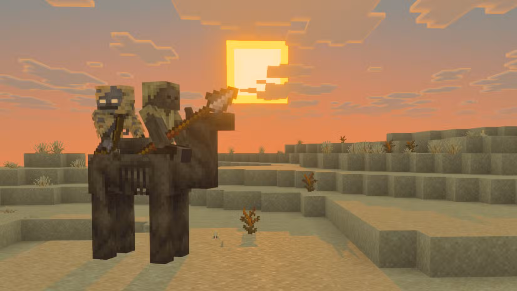 Dois ressecados, empunhando lanças e cavalgando nas costas de uma casca de camelo no Minecraft
