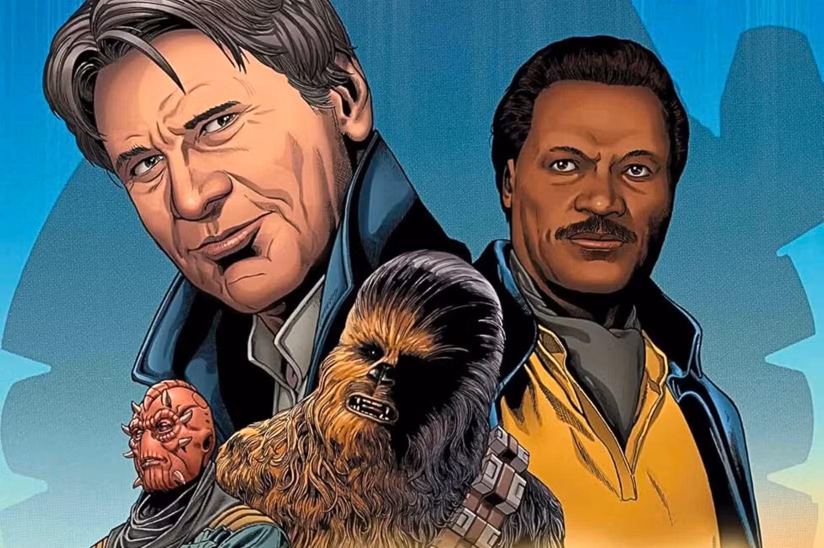 Imagem de Han Solo - Caça ao Falcão. Apresenta um Han Solo mais grisalho, abatido e de aparência mais velha, com cabelos grisalhos, rugas e pelagem escura. Ele é acompanhado por um Lando Calrissian mais velho, com sua camisa amarela e capa azul, além de Chewbecca, um Wookie.
