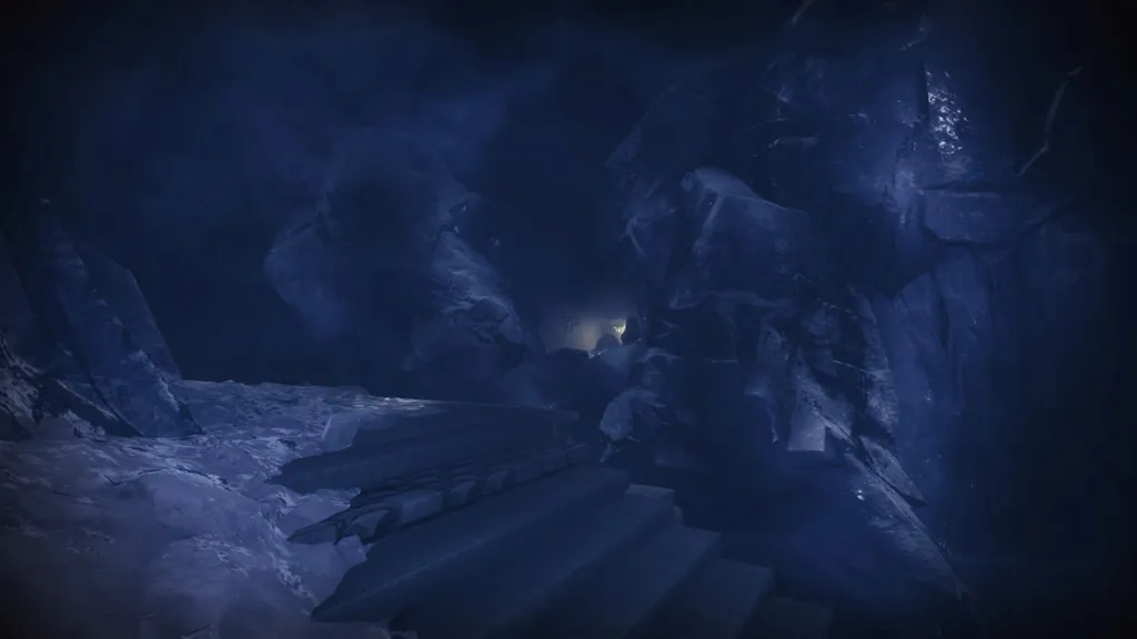 Uma parede que desaparece abaixo de uma geleira em Fire and Ice em Destiny 2.
