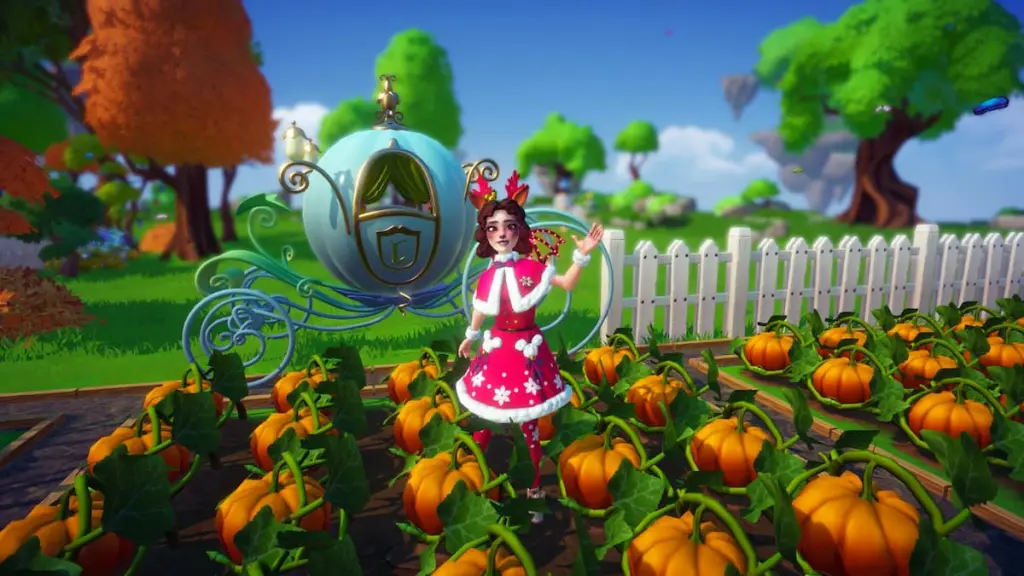 Ao lado de uma carruagem de abóboras e um campo de abóboras no Disney Dreamlight Valley