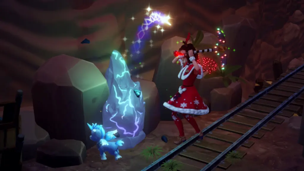 Minerando uma rocha de cristal vitalys no Disney Dreamlight Valley