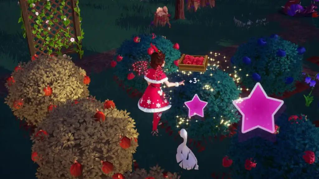 Colhendo arbusto de framboesa no Disney Dreamlight Valley