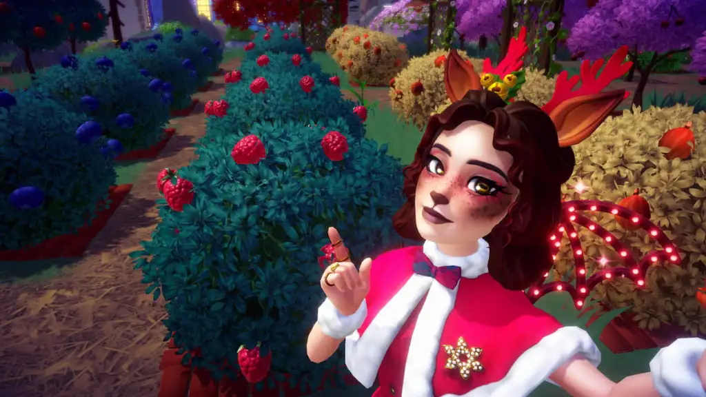 Apontando para arbustos de framboesa no Disney Dreamlight Valley