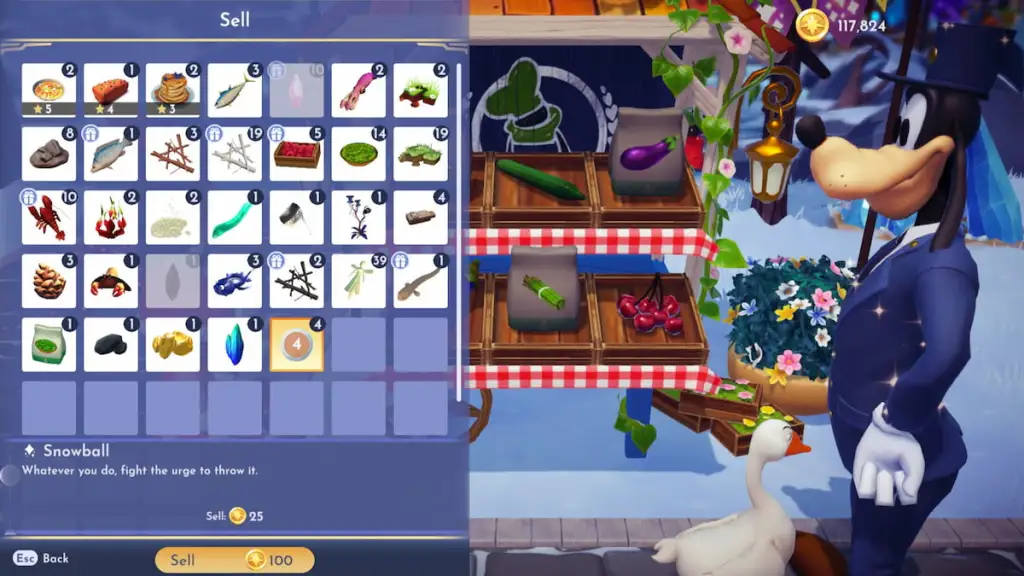 Vendendo bolas de neve para o pateta no Disney Dreamlight Valley
