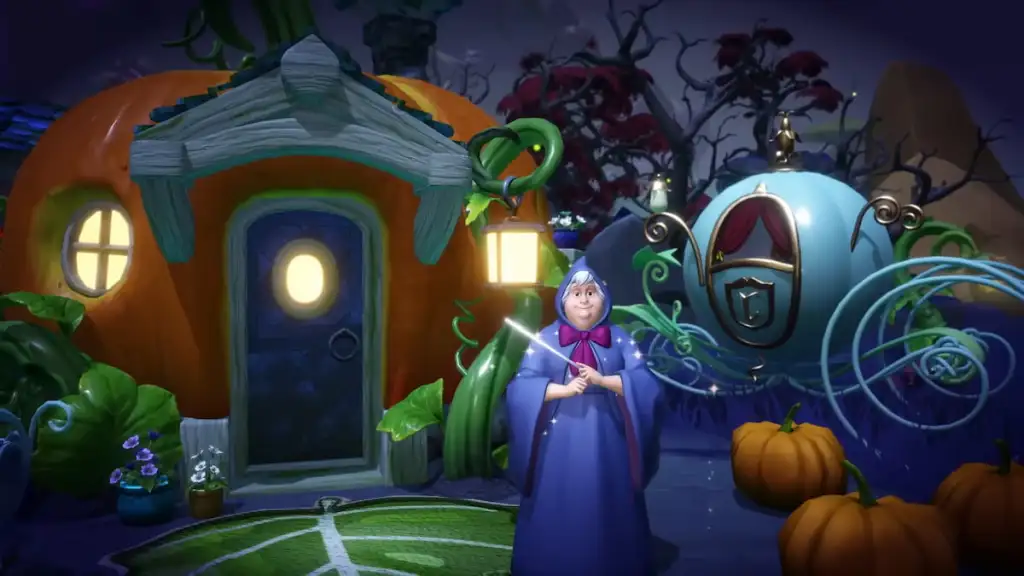Fada madrinha perto da casa de abóboras no Disney Dreamlight Valley