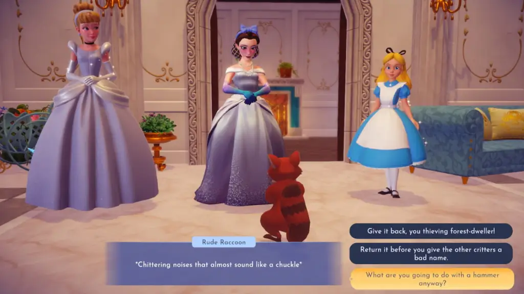 Conversando com um guaxinim rude no Disney Dreamlight Valley
