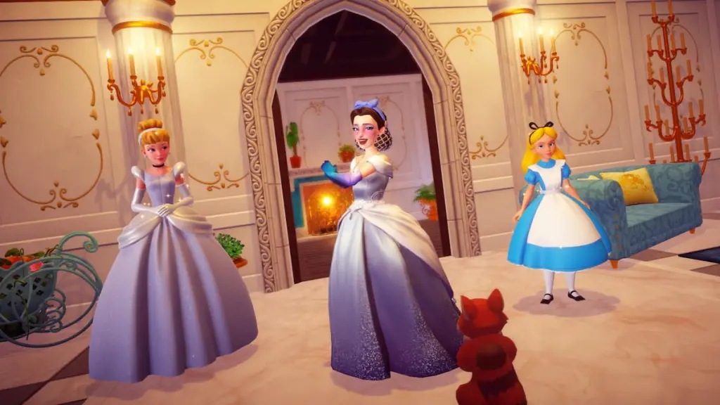 Dentro do castelo com Cinderela, Alice e um ladrão de guaxinim no Disney Dreamlight Valley