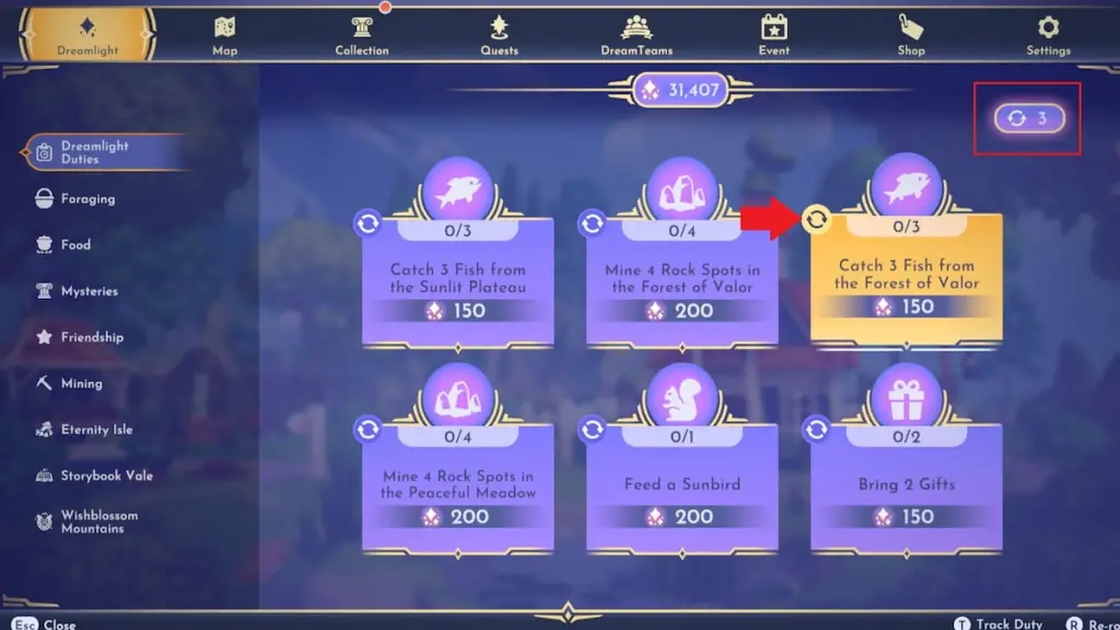 Opção de re-rolagem de deveres marcada em Disney Dreamlight Valley