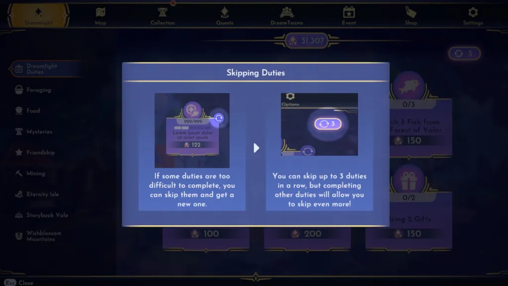 Re-rolar deveres no Disney Dreamlight Valley