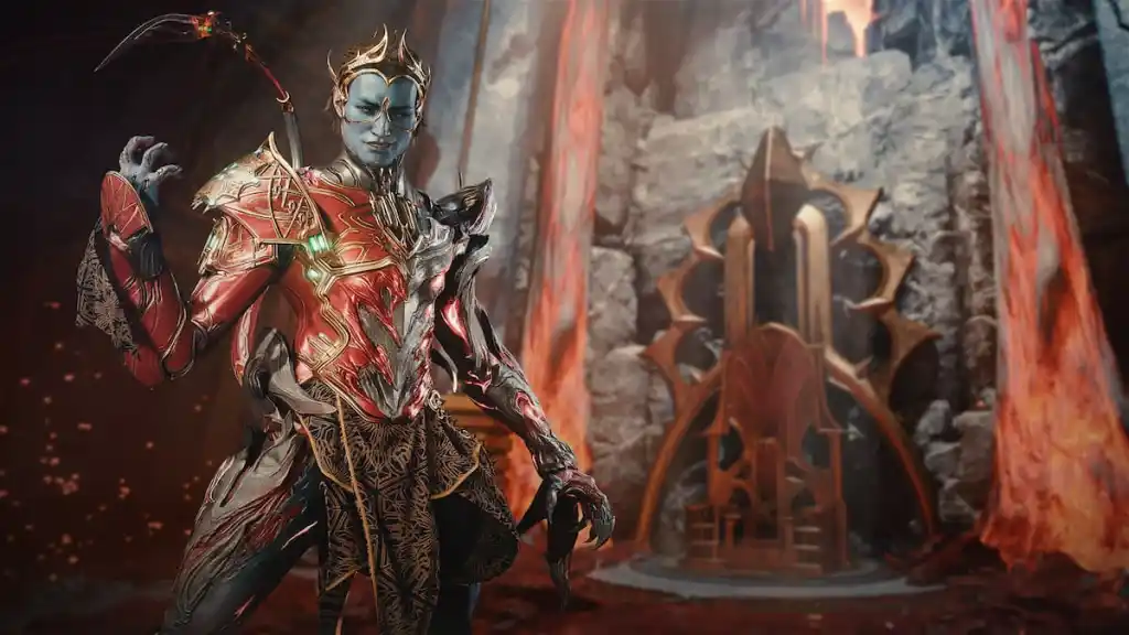 Roathe, um Orokin azul e Protoframe de Uriel, está em frente a um trono no que parece ser o inferno.