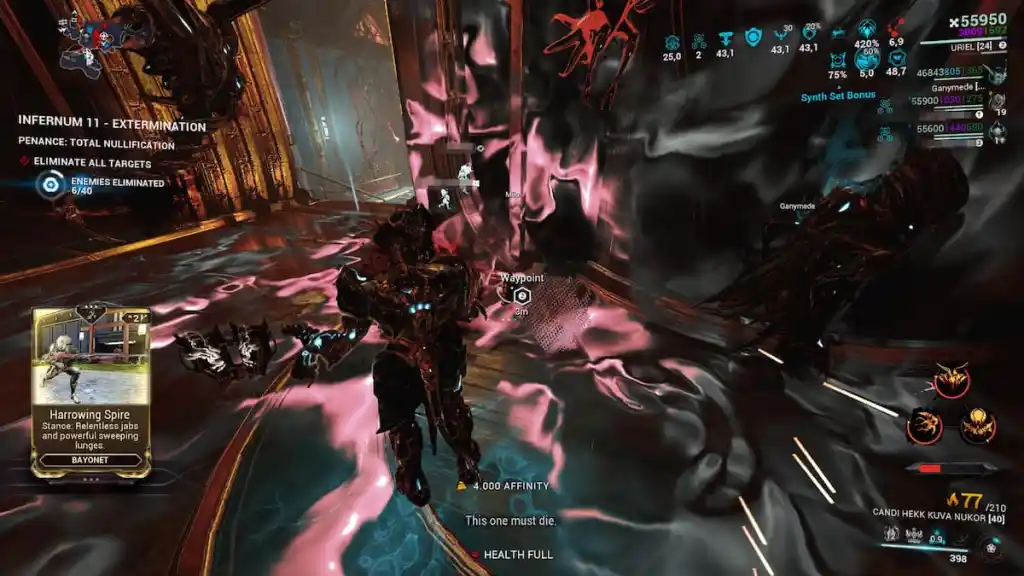 Um jogador do Warframe recebe o mod Harrowing Spire como um drop de um contêiner em Descendia