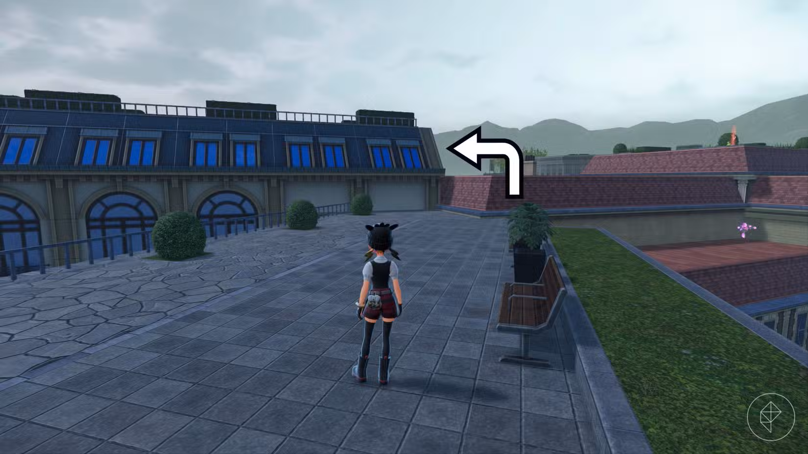 Uma seta curva mostra onde subir no telhado em Pokémon Legends: ZA.
