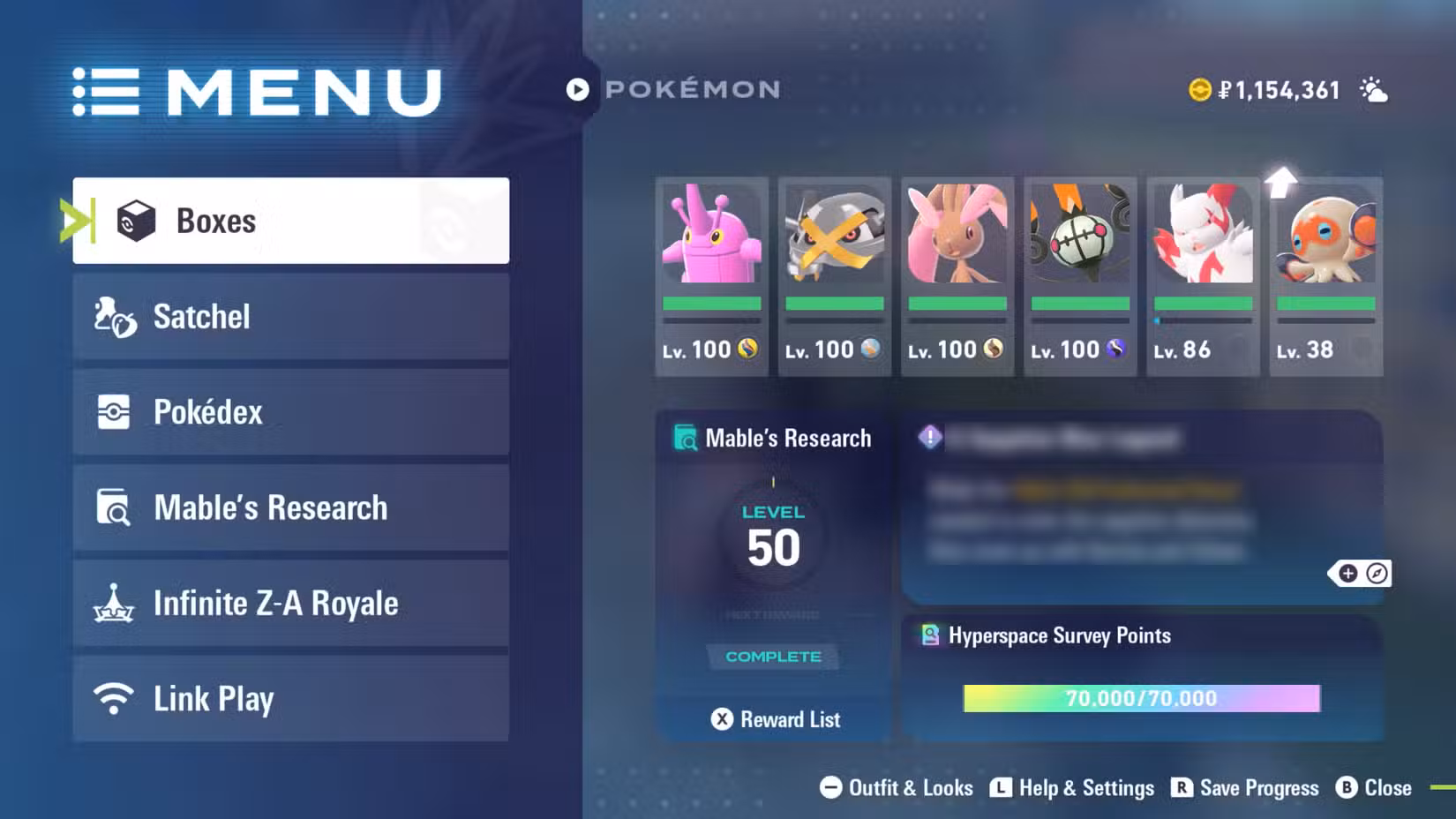 Uma tela de menu em Pokémon Legends: ZA mostrando um Clobbopus pronto para evoluir.