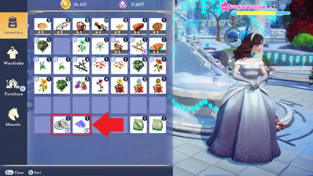 O tecido e os botões da Cinderela no Disney Dreamlight Valley
