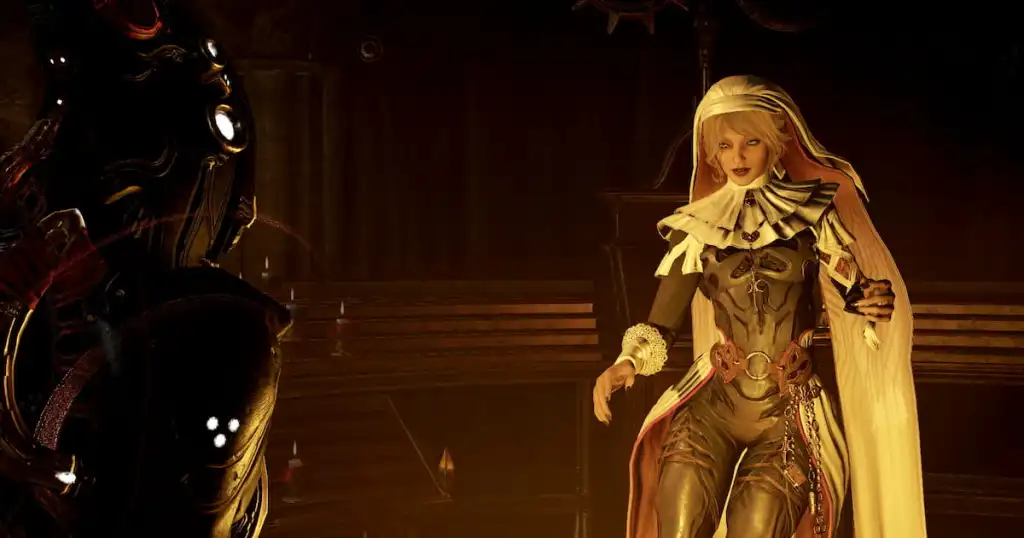 Um jogador com Nekros está na frente de Marie no Warframe.