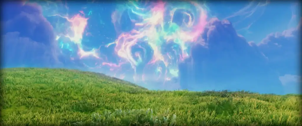 O tema de fundo KIM no Warframe, que lembra a tela clássica do Windos XP.