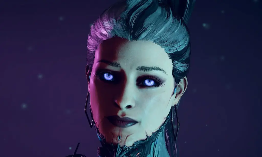 Eleanor Nightingale olha diretamente para a câmera com seus olhos roxos.