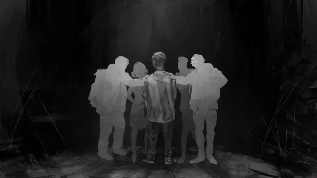 MC com silhuetas de amigos ao seu redor para a melhor cena de No Means Nothing Ending