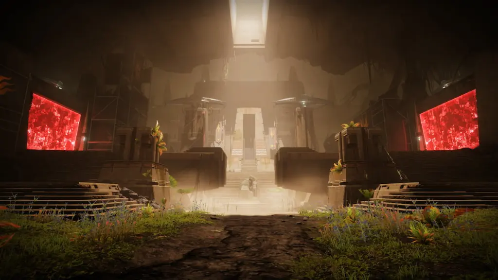 O pátio do Templo Praxic na masmorra Equilibrium em Destiny 2.