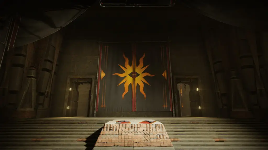 O interior do Templo Práxico em Equilíbrio, visto com um sigilo na parede.