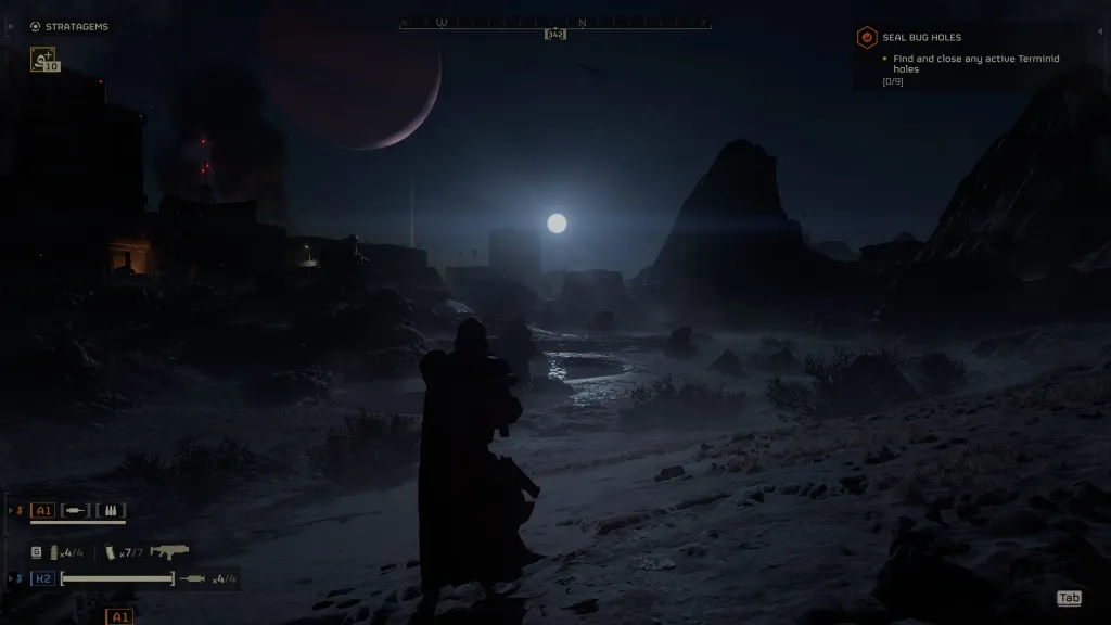Uma noite em um deserto com a lua cheia brilhando em Helldivers 2.