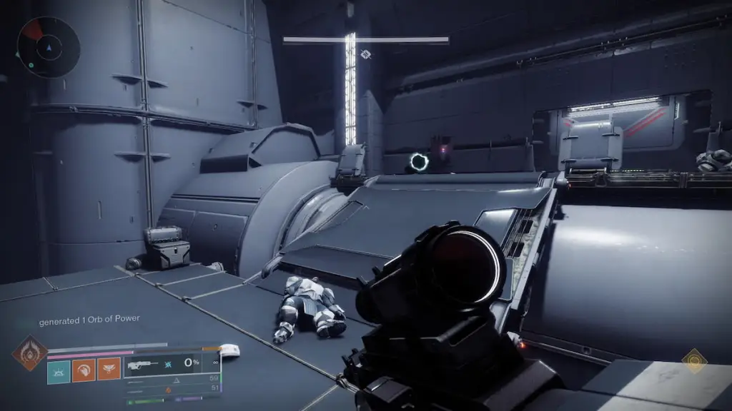 Um hangar na masmorra Equilibrium com uma pequena Praga dos Possuídos visível.