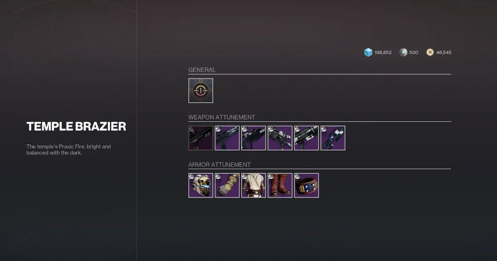 O menu Attunement para Equilibrium, mostrando cada uma das recompensas da masmorra.