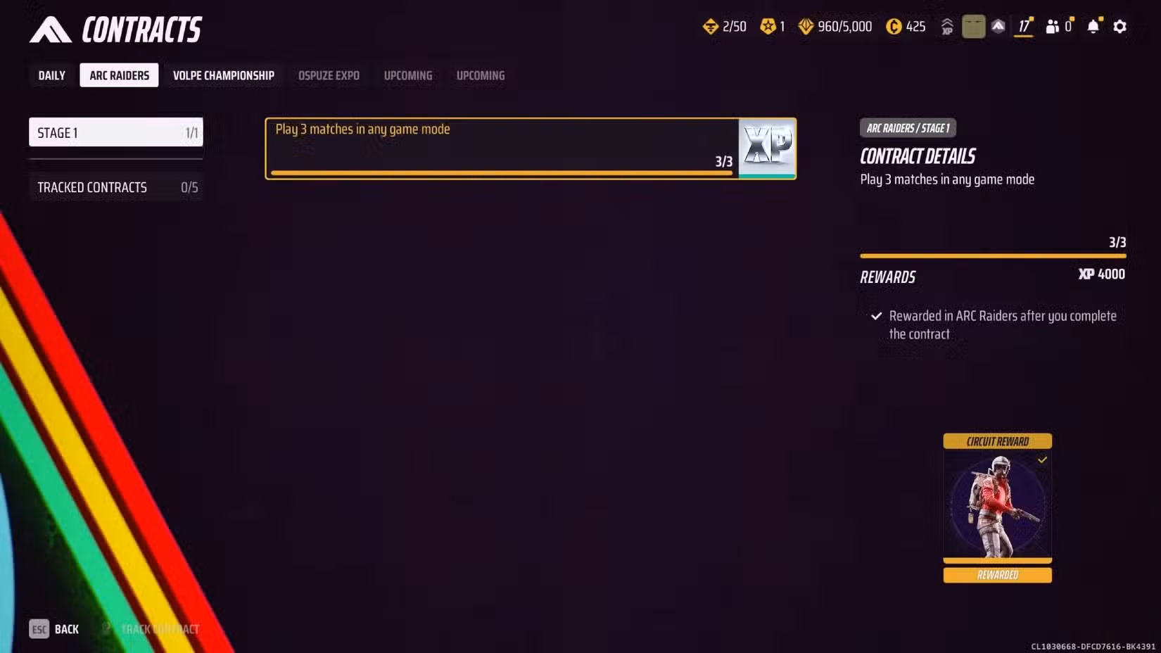 O contrato concluído nas Finais mostrando a skin Arc Raiders como recompensa.