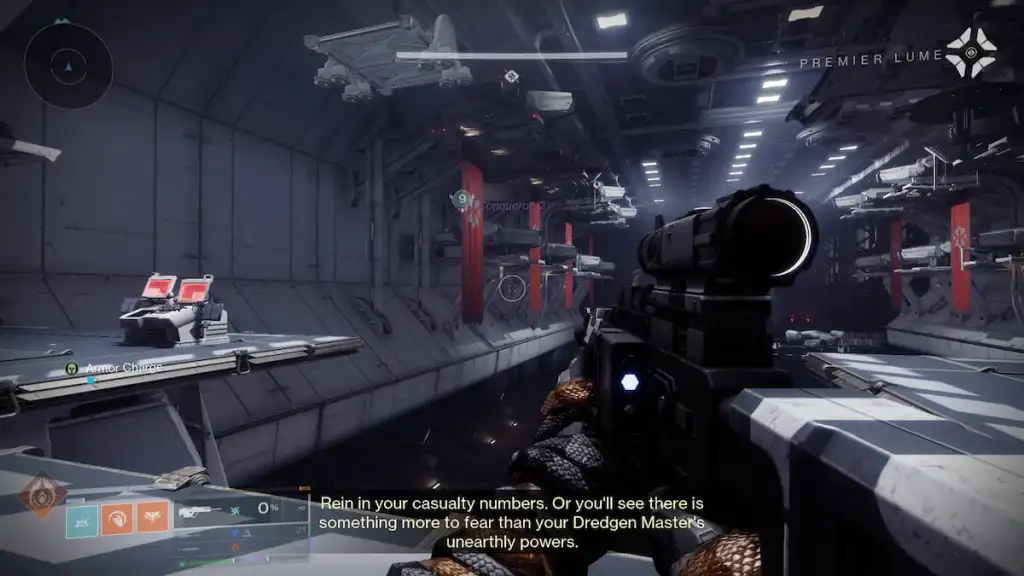 Um guardião fica no lado esquerdo do hangar na masmorra Equilibrium, onde há um item colecionável.
